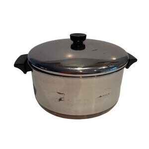 Vintage Revere Ware 6 Quart Stainless Steel Lidded Pot With Black Handles & Knob